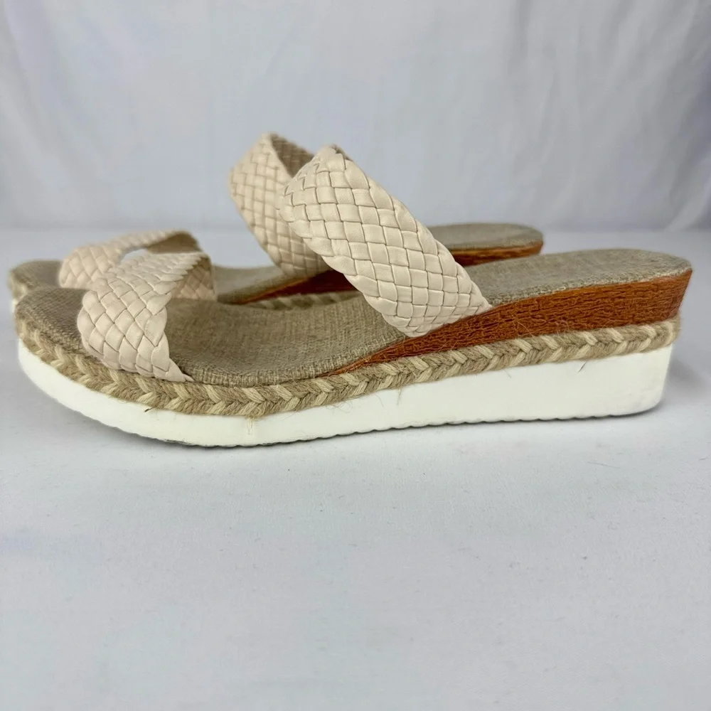 Temu Brand Cream Wedge Espadrille Sandals with Wide Woven Strap